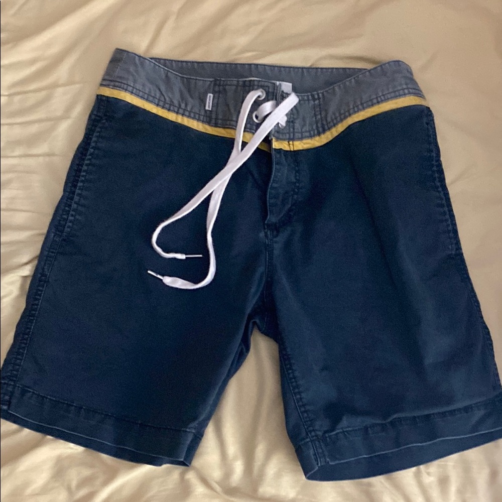 Quicksilver Navy Blue and Gray Board Shorts  Swimsuit w Yellow Stripe size 29